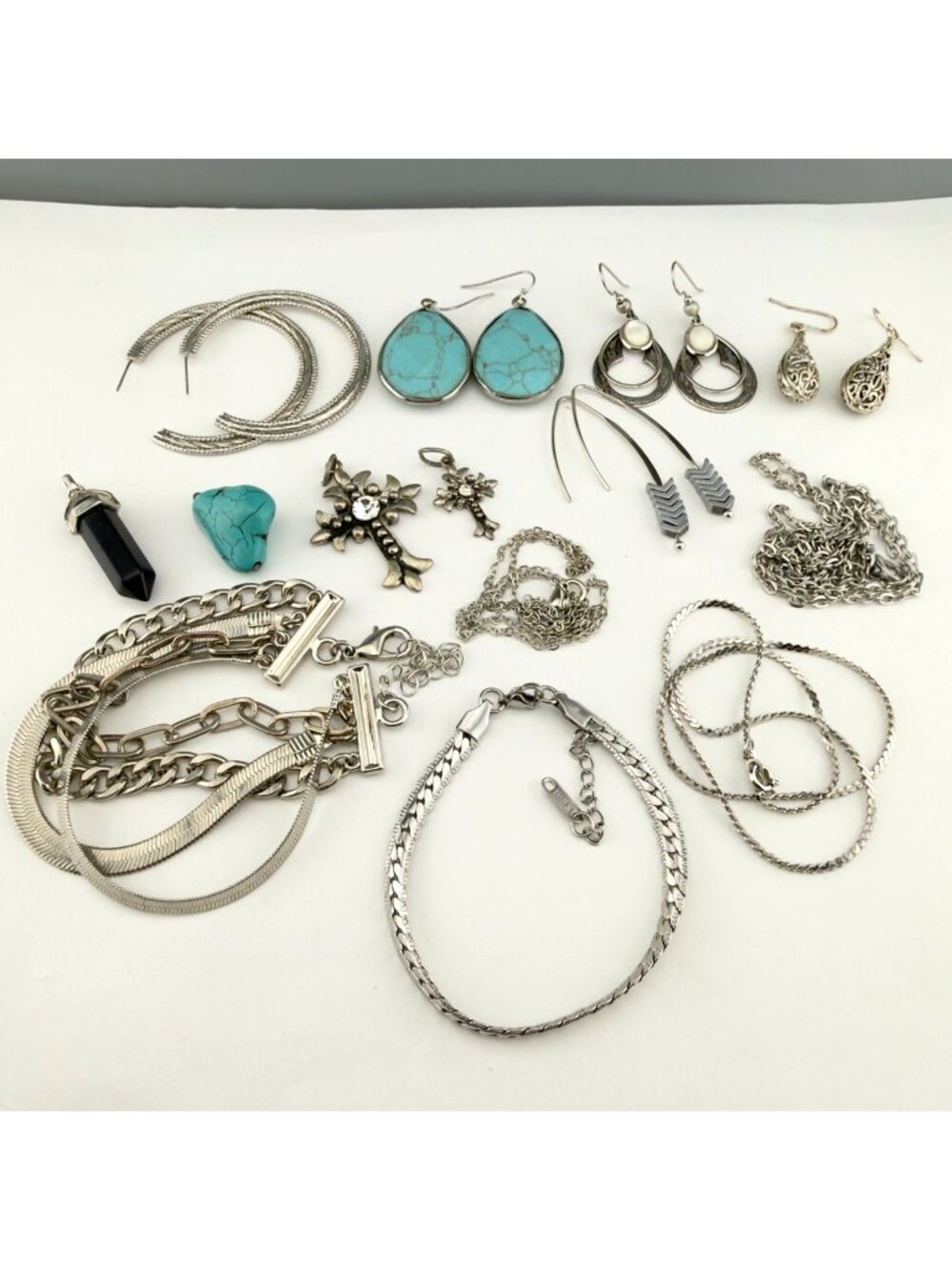 Silver Tone Jewelry Lot Necklace Bracelet Earrings Pendants